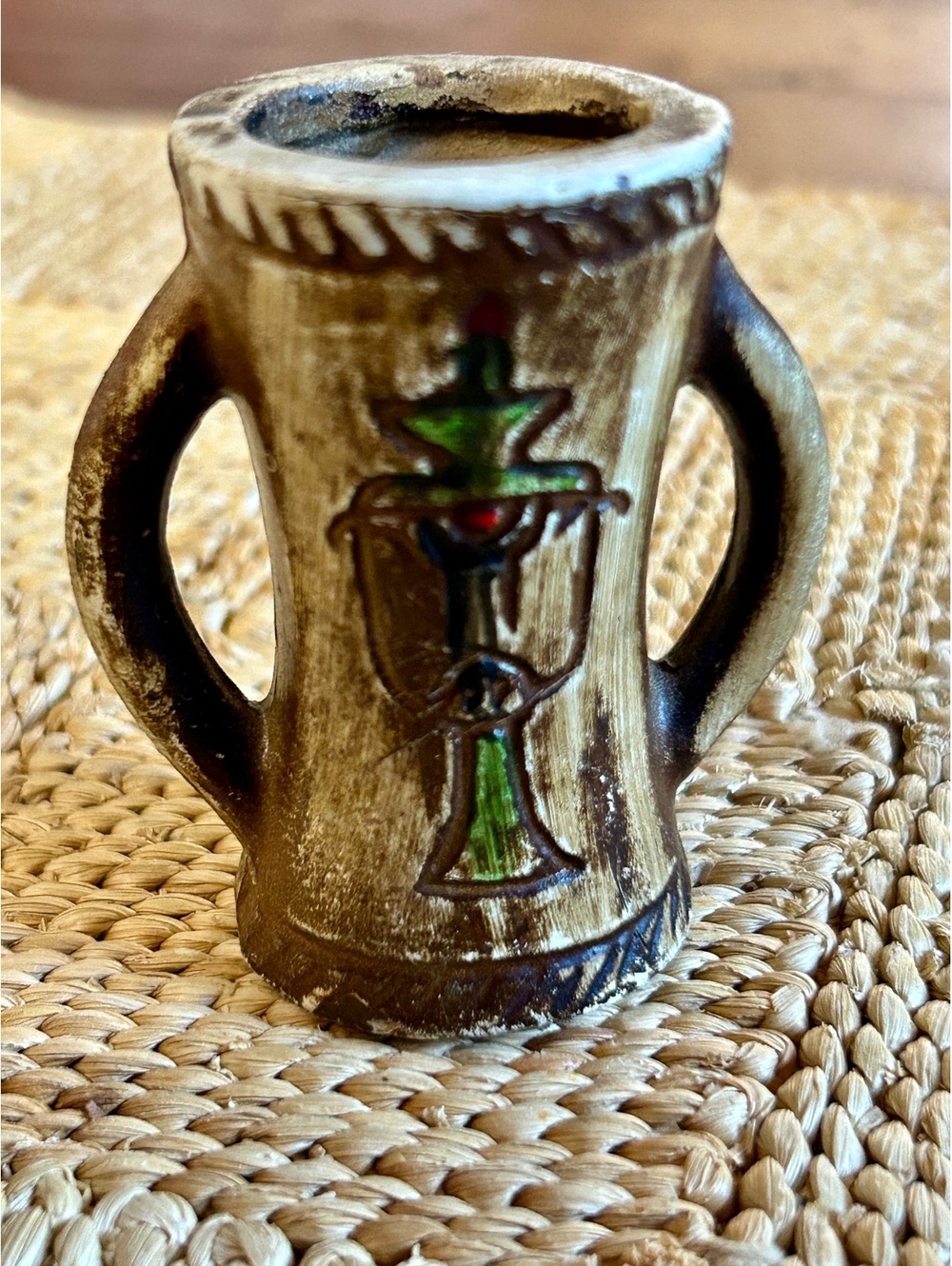 Vintage Miniature Ceramic Vase with Dual Handles and Decorative Design